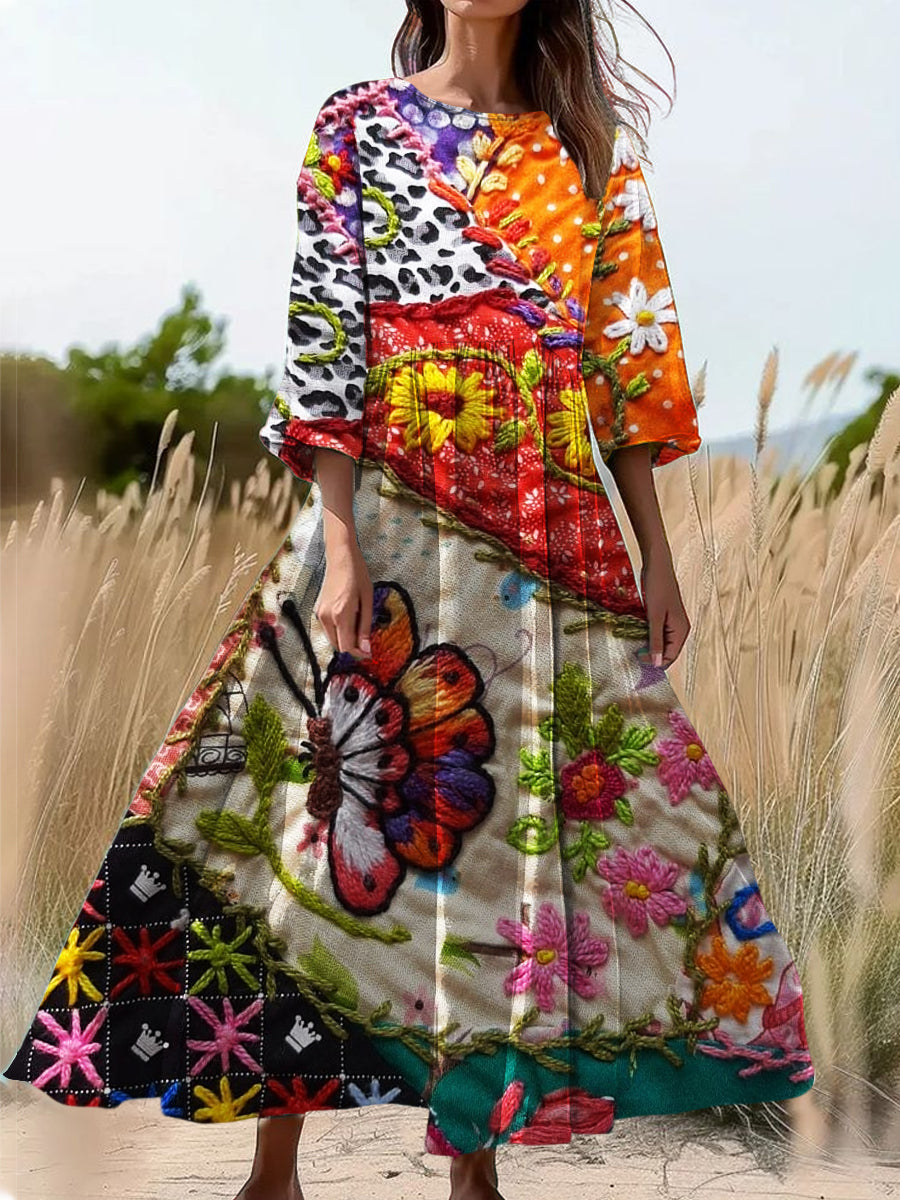 Retro Floral Art Print Long Sleeve Midi Dress